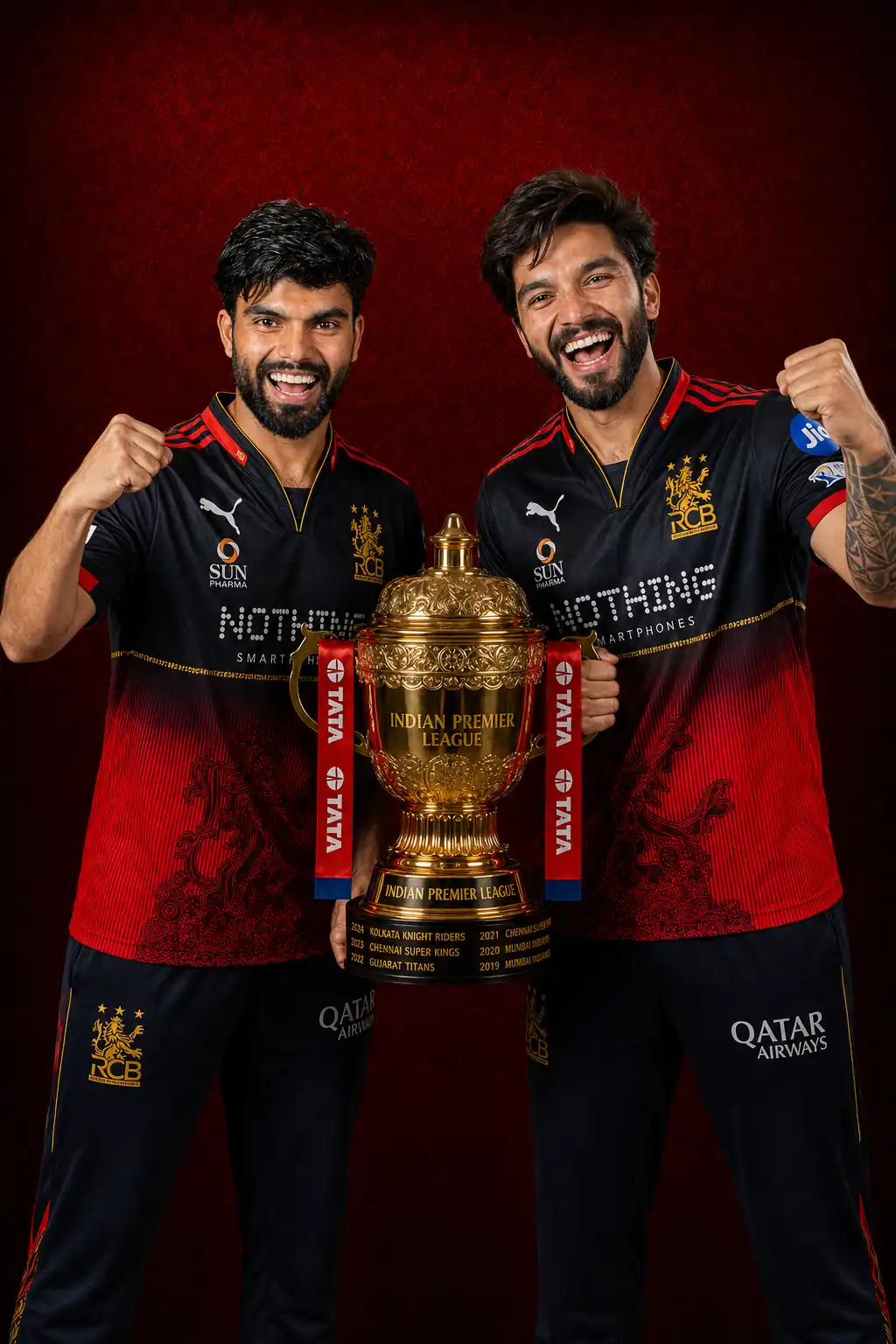 RCB IPL 2026 AI celebration photo with Rajat Patidar AI Photo Prompt and fan holding trophy and laughing