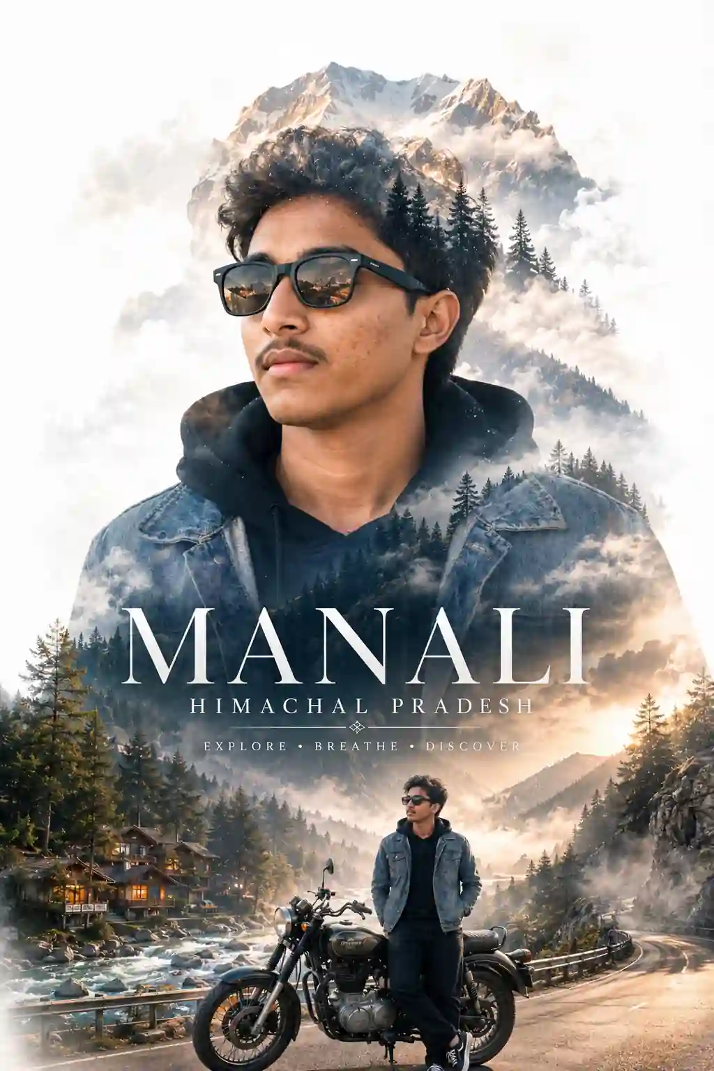 Trending Double Exposure Travel AI Photo Editing Prompts 2026 featuring Manali Himachal Pradesh luxury travel poster with mountain roads and Royal Enfield motorcycle.