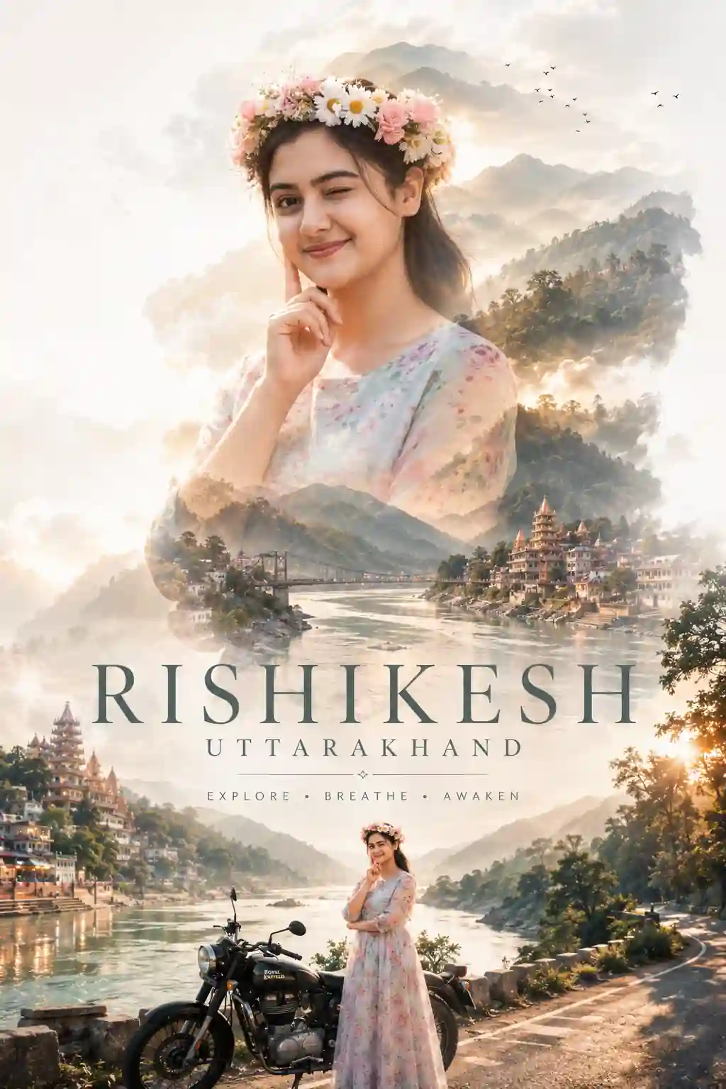 Trending Double Exposure Travel AI Photo Editing Prompts 2026 featuring Rishikesh Uttarakhand wellness travel poster with Ganga River and Himalayan landscape.