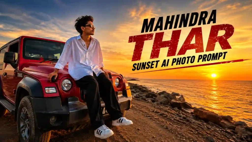 Mahindra Thar Sunset AI Photo Prompt: Create a Viral Smartphone Snapshot Using ChatGPT (Boys)