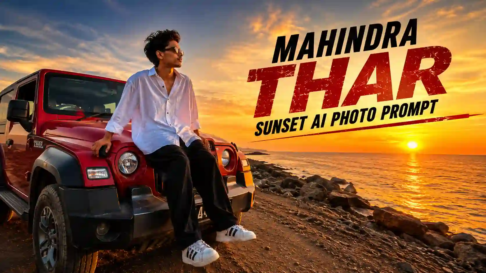 Mahindra Thar sunset AI photo prompt result — casual 0.5x ultra-wide smartphone snapshot golden hour rocky seaside road created using ChatGPT GPT-4o boys 2026