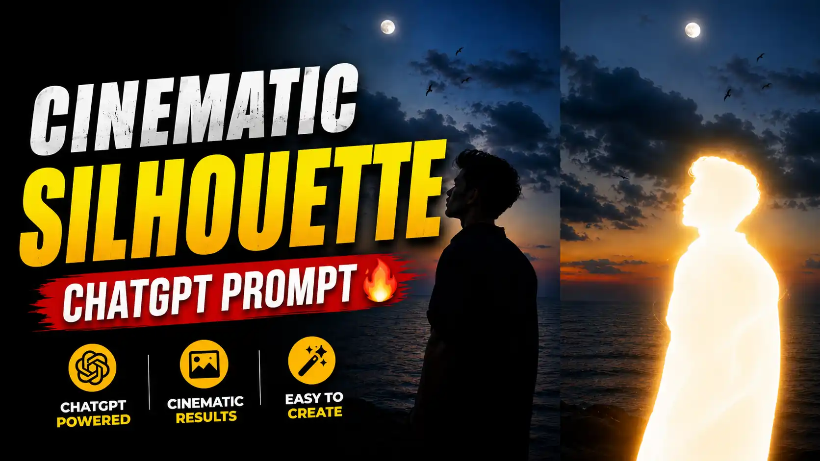 Glowing silhouette AI photo prompt result — golden aura white silhouette with cinematic background created using ChatGPT GPT-4o 2026