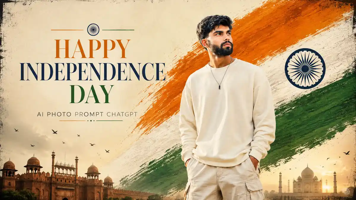 Independence Day 2026 AI photo prompt result — premium patriotic portrait with Indian flag eye reflection created using ChatGPT GPT-4o 15 August 2026
