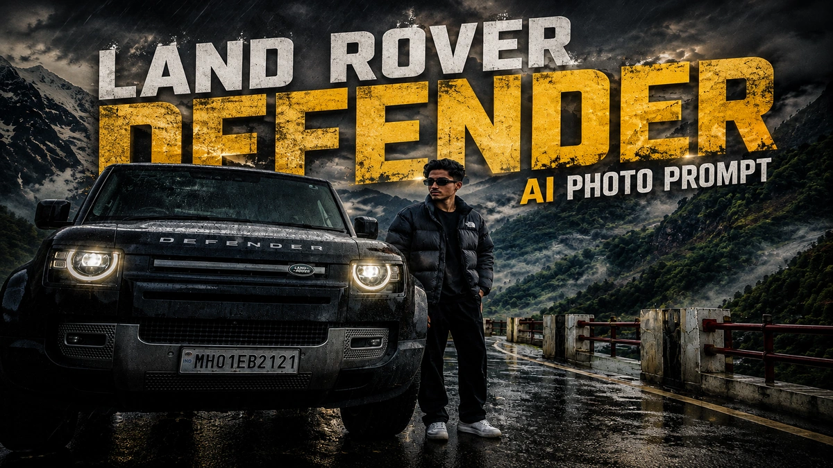 Ultra-realistic Land Rover Defender AI photo Prompt of a man standing beside a black Defender on a rainy mountain road