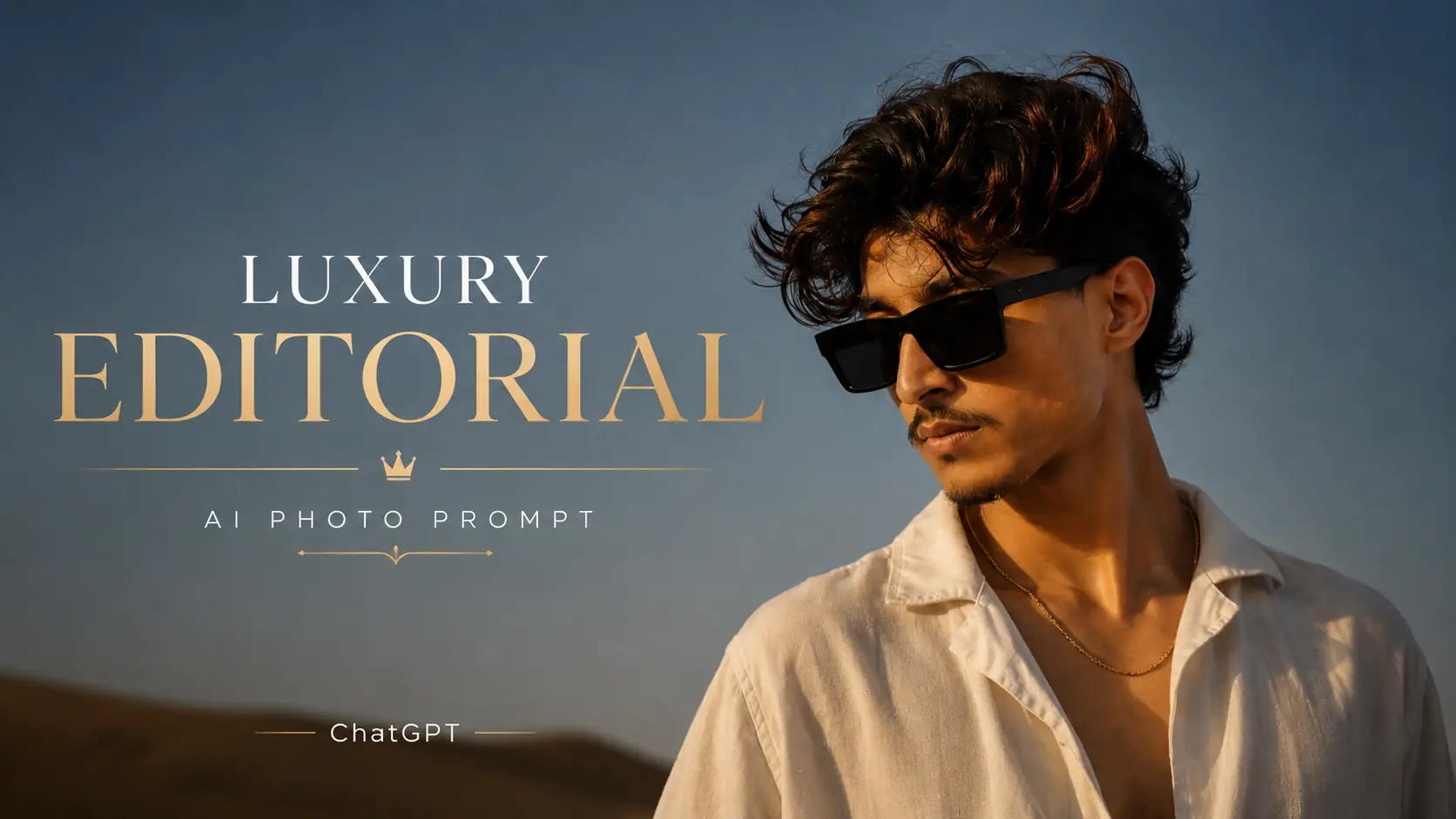 Luxury editorial blue hour AI photo prompt result — premium magazine portrait with cream linen shirt and blue sky created using ChatGPT GPT-4o 2026