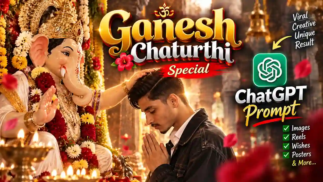 Ganesh Chaturthi 2026 AI photo prompt for boys — Bappa blessing portrait with folded hands and festival diyas created using ChatGPT 2026