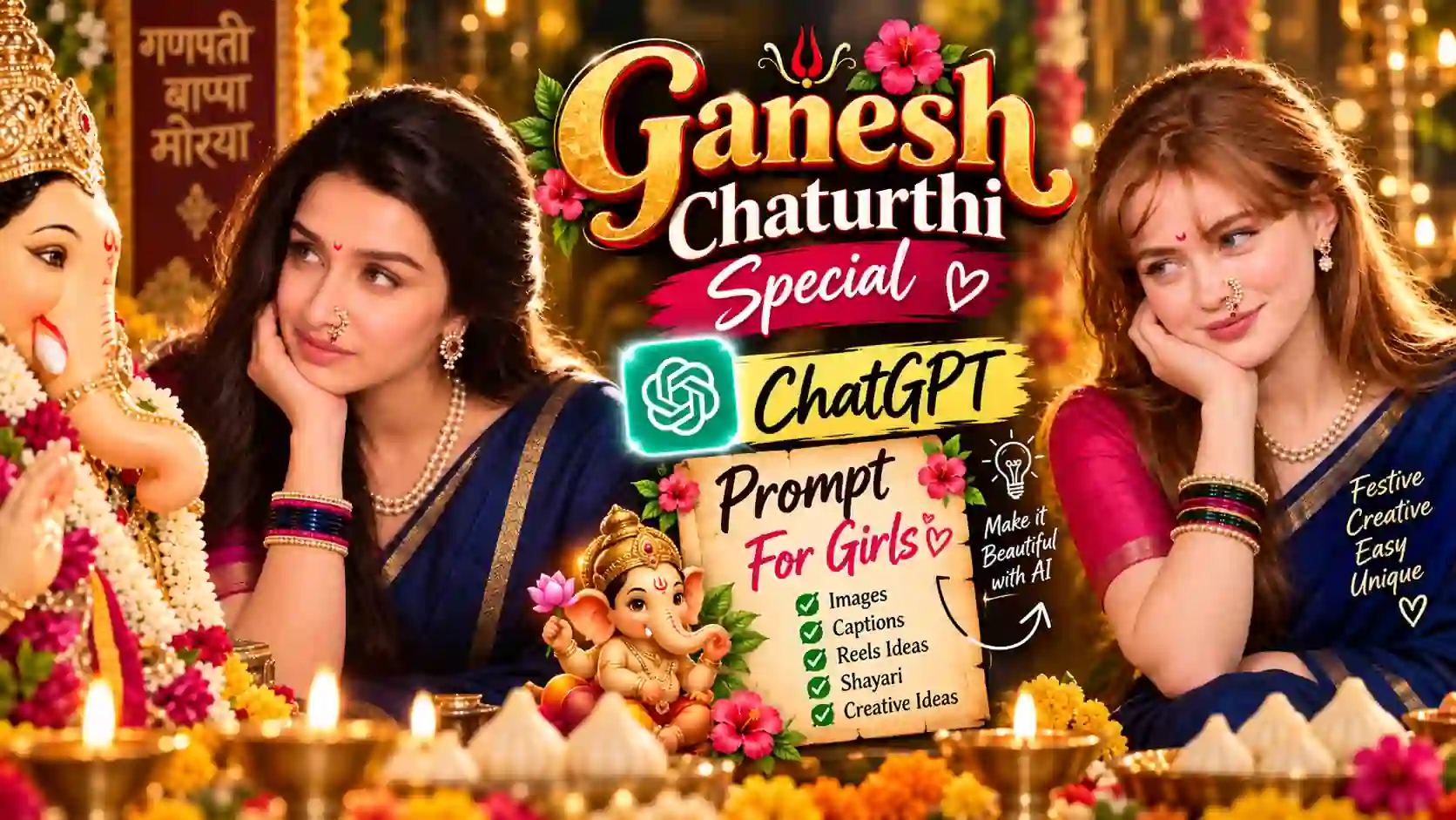 Ganesh Utsav AI photo prompt for girls result — cinematic devotional portrait beside Lord Ganesha idol with golden rim light created using ChatGPT 2026