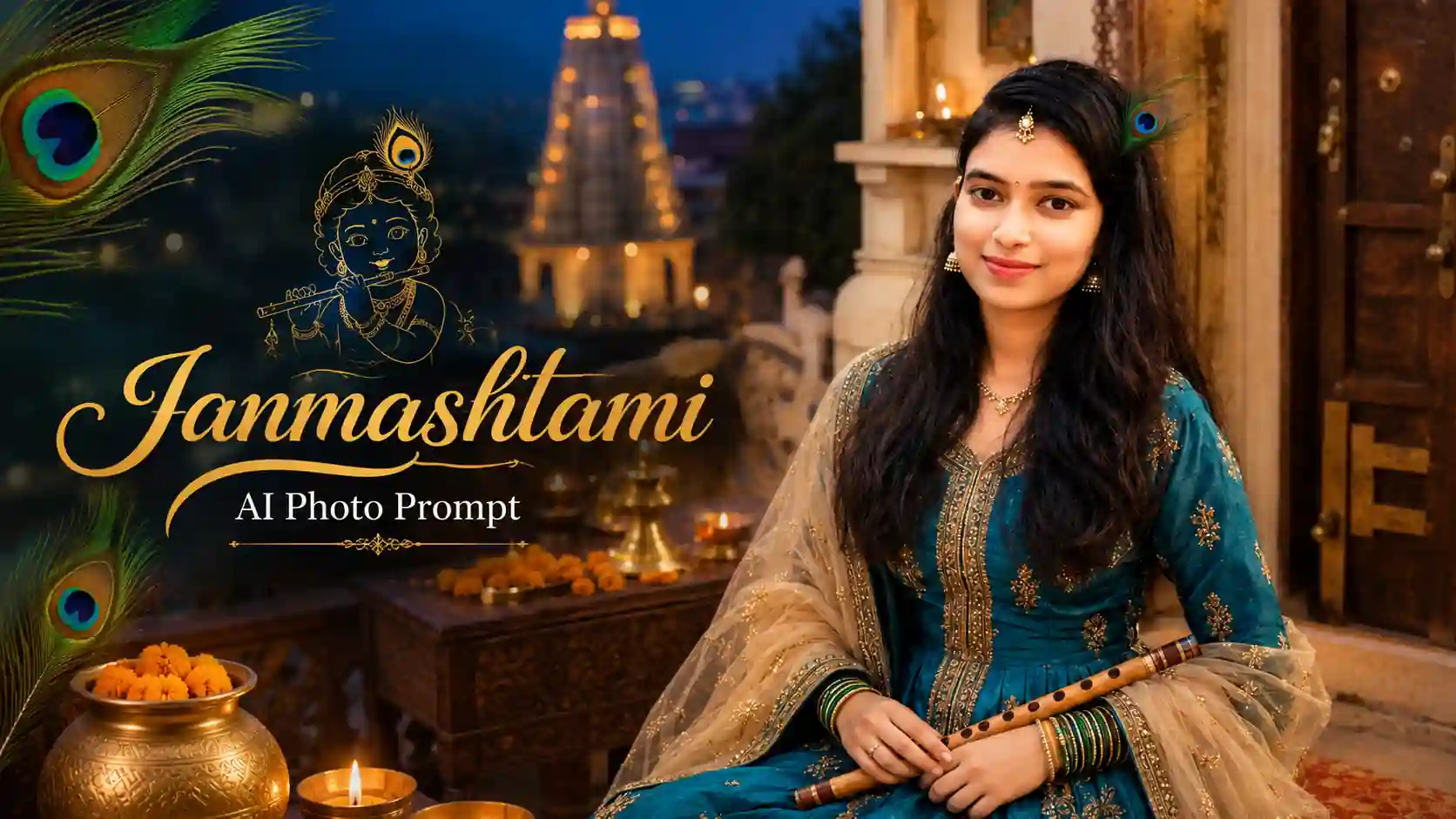 Janmashtami AI photo prompt for girls result — Radha Krishna peacock green lehenga portrait created using ChatGPT GPT-4o September 2026