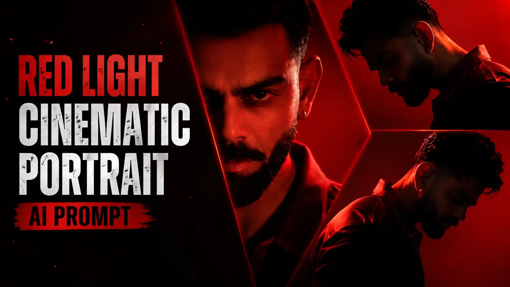Red light cinematic 3-panel portrait AI prompt result — deep crimson dramatic collage created using ChatGPT GPT-4o boys 2026