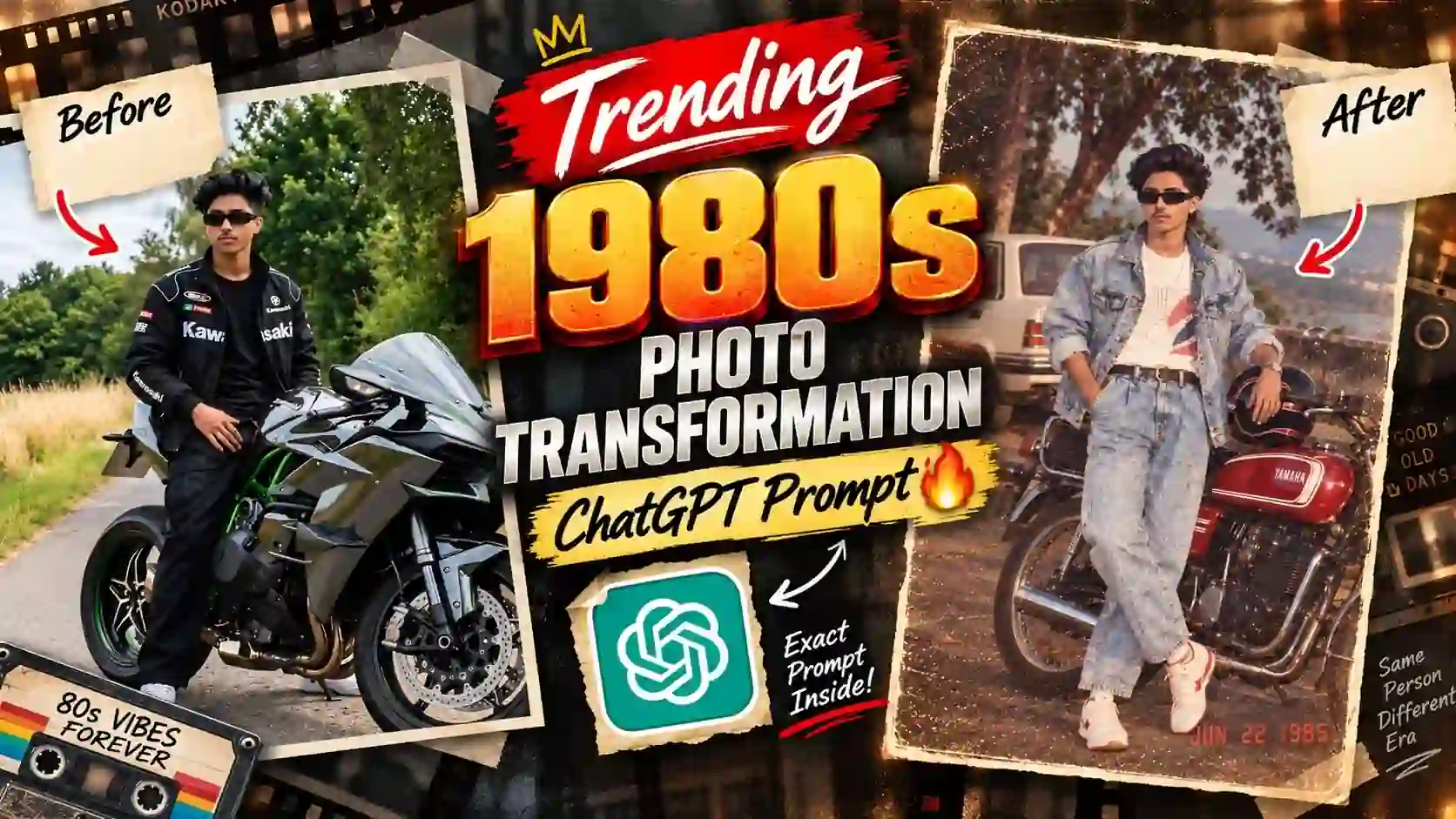 1985 vintage photo AI prompt result — authentic 80s styled portrait with analog grain and red-orange date stamp created using ChatGPT GPT-4o 2026
