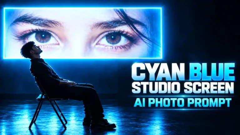 Cyan blue studio screen AI photo prompt result — dark cinematic portrait with neon rim lighting and glowing screen created using ChatGPT GPT-4o boys 2026