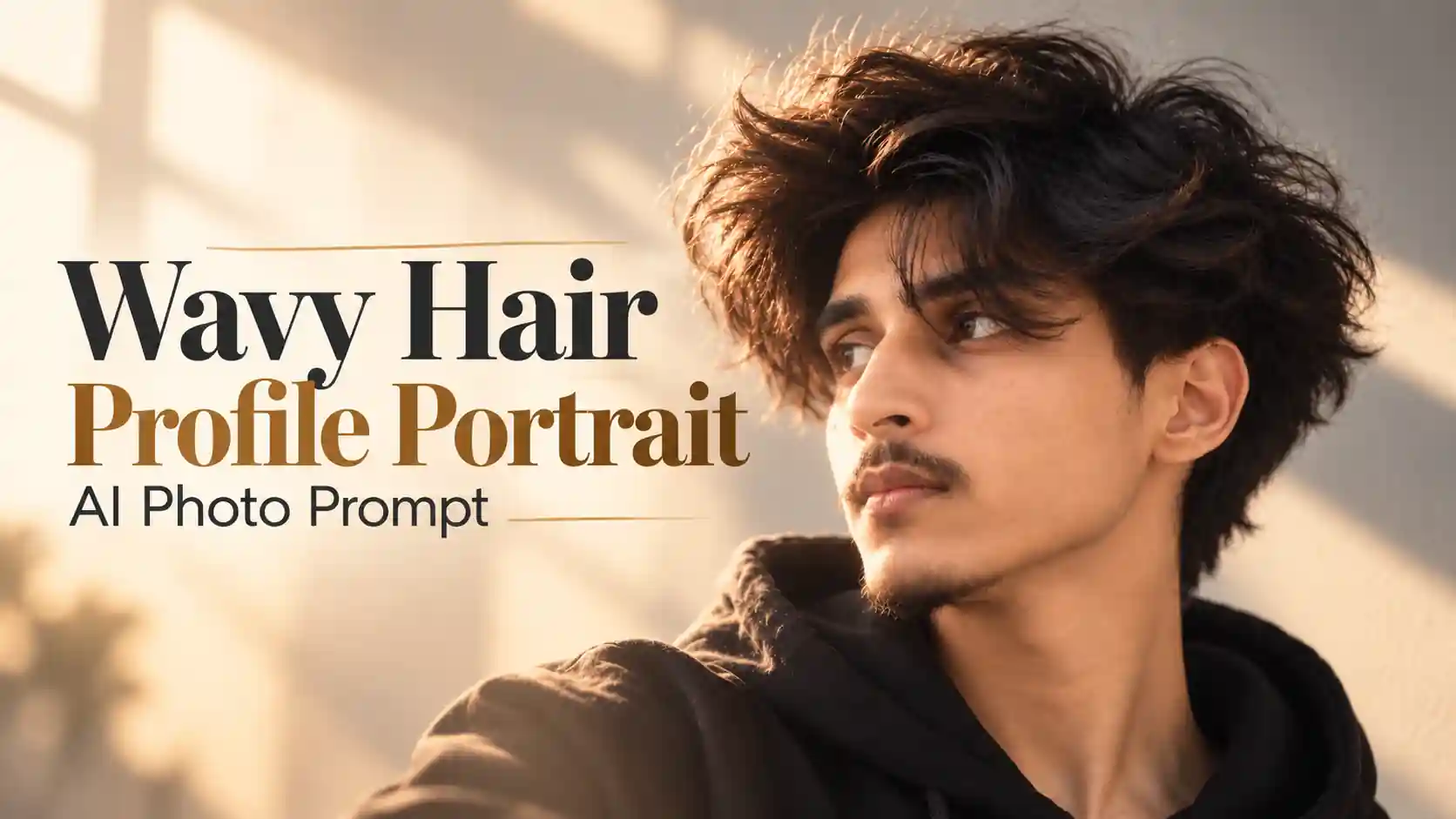 Wavy hair profile portrait AI prompt result — moody contemplative portrait with gray wall and natural iPhone lighting created using ChatGPT GPT-4o boys 2026