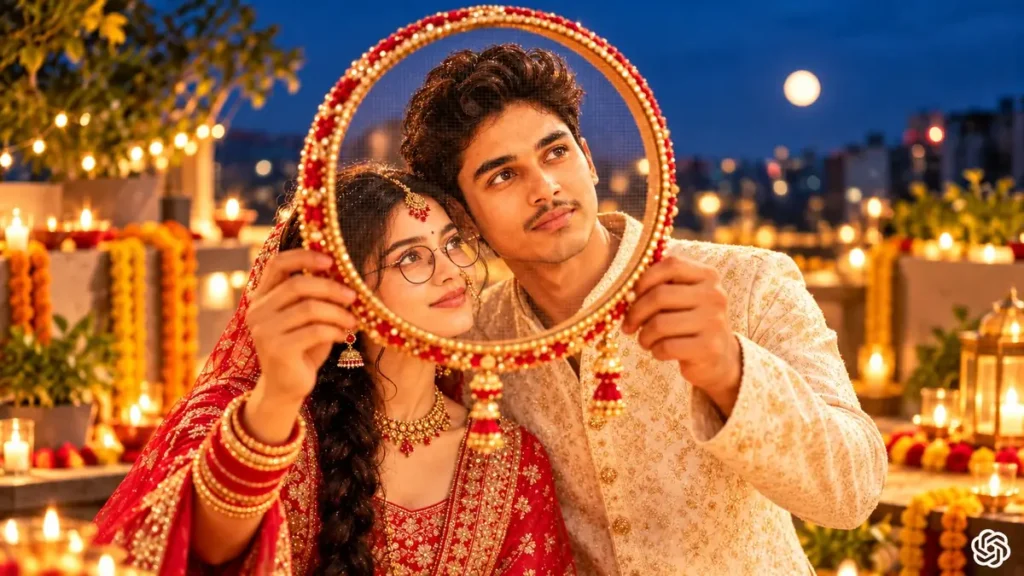 Karwa Chauth 2026 AI photo prompt for couples — cinematic channi moon ritual portrait created using ChatGPT GPT-4o October 2026